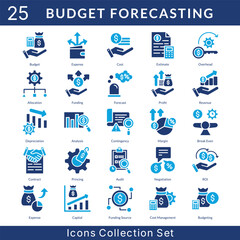 Budget Forecasting icon set collection in solid glyph style. an icon pack contain expense, cost, extimate, overhead, allocation, funding, forecast, profit, revenue, depreciation