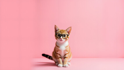 Ginger tabby cat wearing glasses on pink background