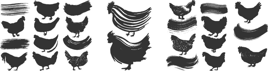 Silhouettes of chickens and brush strokes in various poses fill the image. The black designs on a white background create a rustic, artistic feel.
