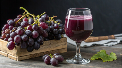 Grapes and juice on wood table