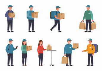 Flat design illustration set of delivery people and customers with packages and shopping bags, representing e-commerce and fast shipping services.