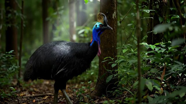Southern cassowary bird walking through dense tropical rainforest. Large flightless bird with distinctive blue neck casque in natural jungle habitat. Wildlife conservation concept for eco tourism
