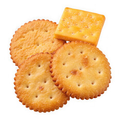 A pile of round and square cheese crackers isolated on transparent background