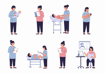 Comprehensive Maternity and Newborn Care: Illustrations of Healthcare Professionals and Pregnant Women in various Medical Settings.