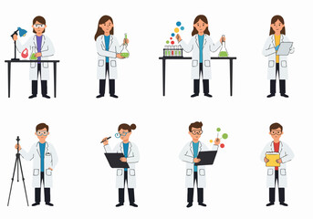 Diverse cartoon scientists and researchers working in a laboratory setting, conducting experiments, and using various scientific equipment.