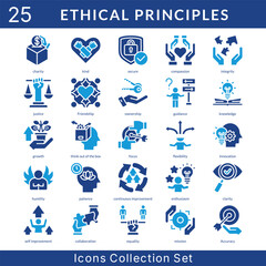 Ethical Principles icon set collection in solid glyph style. an icon pack contain charity, kind, secure, compassion, integrity, justice, friendship, ownership, guidance, knowledge