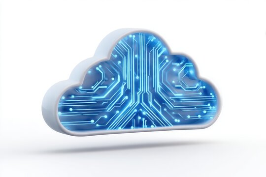 AI-powered cloud icon with blue circuit connections, minimal and modern design for machine learning and technology concepts, 3D illustration, isolated on white background.