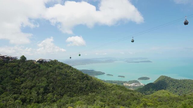 Scenic footage of Malaysia&rsquo;s Langkawi SkyCab, showing cable cars gliding above tropical forest and mountain peaks.