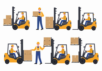 Warehouse logistics illustration set featuring forklift trucks and workers actively moving and stacking cardboard boxes on pallets for efficient storage and delivery.