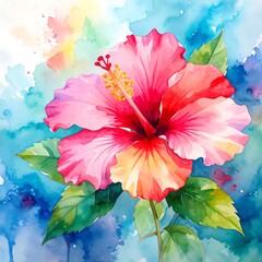 Vibrant hibiscus bloom watercolor painting with fluid background and delicate petals