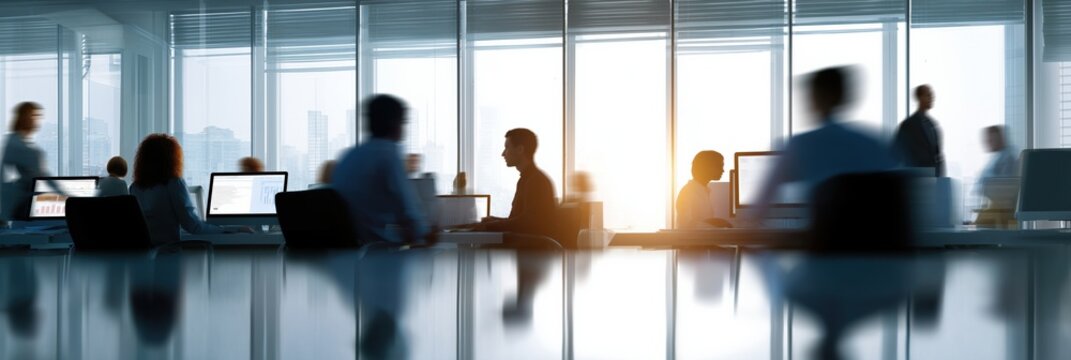 Busy office environment with diverse professionals working at desks