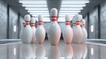 Bowling Alley Game Setup - Front View, Ten Pins Ready for Strike.