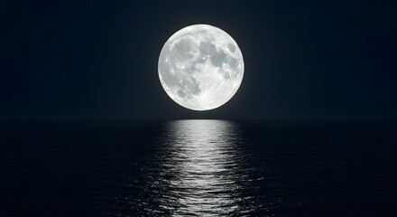 A brilliant full moon hangs low in the dark night sky, casting a shimmering reflection on the calm ocean water.