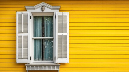 Fototapeta premium Bright Yellow House Window with White Shutters Framed by Vibrant Yellow Siding Showcasing Classic Architectural Elegance and Cheerful Colorful Design Elements.