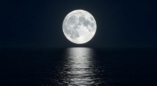 A brilliant full moon hangs low in the dark night sky, casting a shimmering reflection on the calm ocean water.