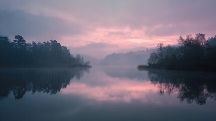 Fototapeta premium Calm lake surface reflecting muted pastel dawn sky.