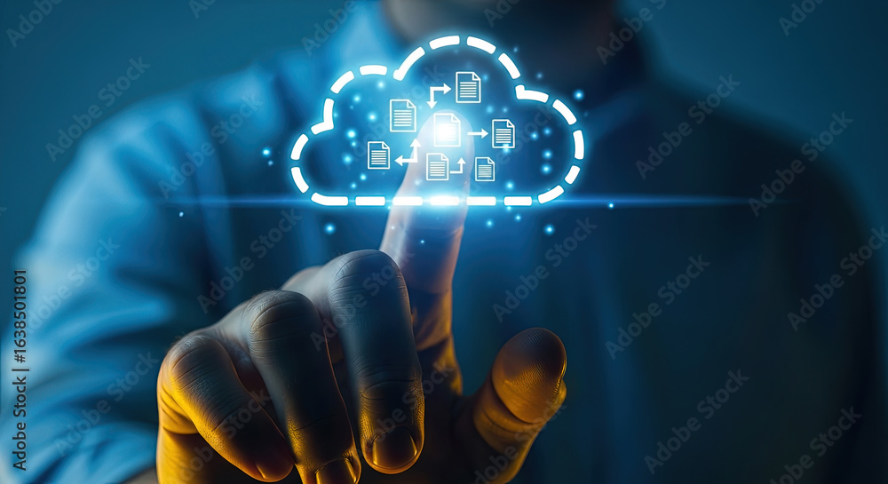 Poster cloud computing technology concept: man touching digital cloud icon for data storage, security, and 