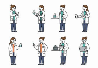 Female Scientists and Medical Professionals Illustrations. Diverse Poses of Women in Lab Coats Holding Lab Equipment and Documents.