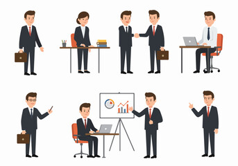 Collection of diverse business professionals illustrating various office activities, meetings, presentations, and daily corporate work interactions, ideal for professional and corporate themes.