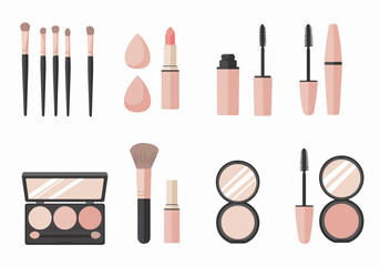Flat lay illustration of essential makeup products and tools for beauty and cosmetic applications on a clean white background.