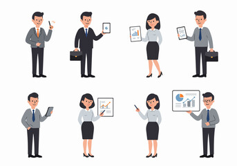 Diverse Business Professionals Engaging in Presentations, Data Analysis, and Digital Tasks, Isolated Vector Illustrations.