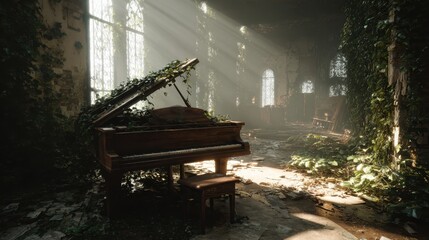 Sunlit piano in overgrown ruins.  Possible use Wallpaper