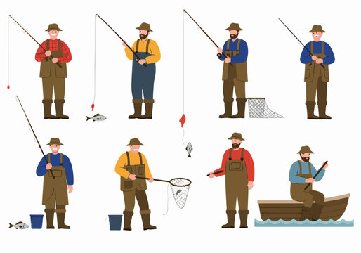 Set of diverse male fishermen characters engaged in recreational fishing, holding rods, catching fish, using nets, and enjoying the outdoor hobby.