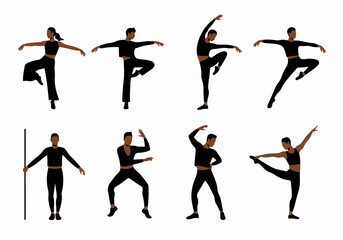 Diverse Group of African American Dancers in Various Dynamic Poses, Isolated on a Clean White Background, Ideal for Movement and Fitness Concepts.