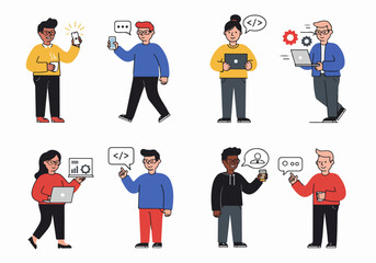 Diverse professionals and individuals engaging with modern technology, including coding, communication, and digital tasks, in a minimalist flat vector style.