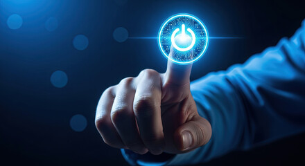 Finger Touching Power Button, Digital Transformation Concept. Modern Technology, Startup, Innovation, Futuristic Interface, Artificial Intelligence.