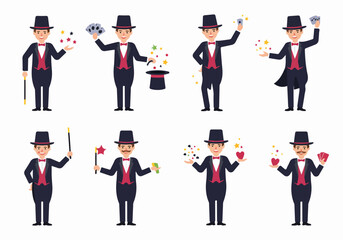 Cheerful Magician Character Performing Tricks with Various Props in Different Poses on White Background