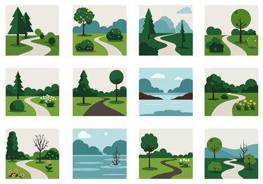 Fototapeta Collection of diverse minimalist landscape illustrations featuring winding paths, trees, and natural scenes for serene backgrounds.