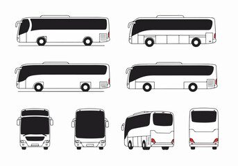 Set of Bus Vector Illustrations: Different Angles and Views of Public Transport Coaches on White Background