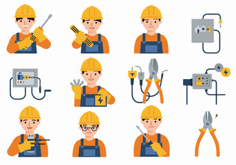 Collection of Flat Design Electrician Characters and Electrical Tools Vector Illustrations
