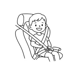 Fototapeta premium Happy child fastening seatbelt in a car seat while smiling, simple vector linear illustration, black and white 