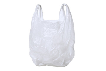A single, crinkled white plastic shopping bag with handles, isolated and ready for use