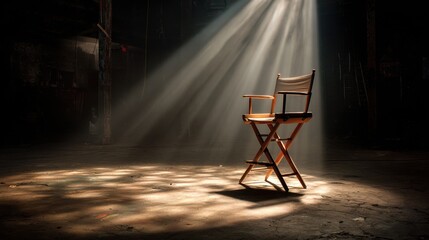 Spotlight on a Movie Director's Chair: An Empty Symbol of Creativity and Vision in an Unused Film Set, Highlighting the Essence of Directing.