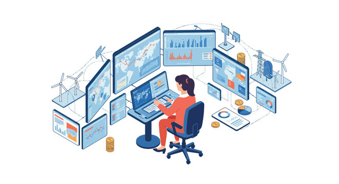 Energy management isometric design with data analysis and renewable energy sources