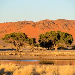 Serene Namibian landscape with acacia trees reflecting in a calm waterhole at sunset