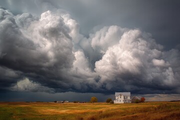 Dramatic layered storm clouds building over rolling farmland.