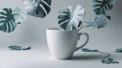 a white ceramic coffee mug, monstera deliciosa leaves, gray background