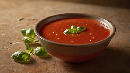 A bowl of tomato soup garnished with basil leaves on a textured surface, close up studio shot