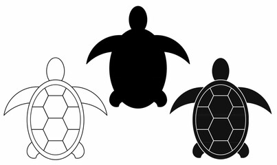 Obraz premium Vector icon set of sea turtle illustrations in top view,outline, solid silhouette, and partial fill styles. Perfect for marine icons, ocean life graphics, and wildlife design projects.