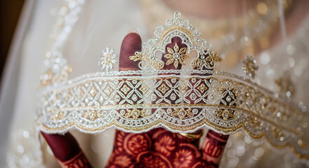 Stunning bridal veil detail with intricate gold embroidery and henna hands, capturing elegant wedding day beauty.
