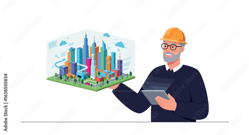 Poster architect using digital tablet to view isometric smart city design
