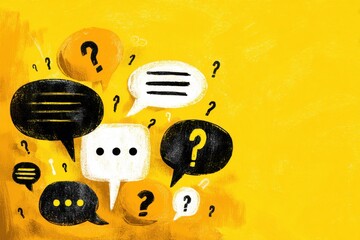 Engaging questions and answers session online workshop digital communication bright yellow background interactive concept.