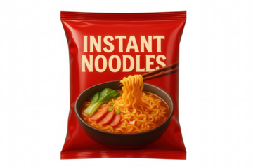 Instant ramen packaging mockup, red container with chopsticks lifting noodles against transparent backdrop