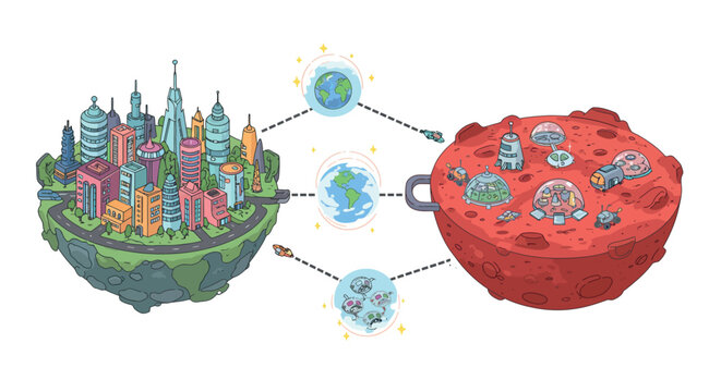 Futuristic urban and martian colonization concept art with space exploration elements