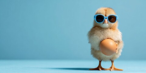 Obraz premium Cute chick wearing sunglasses, holding an egg against a light blue backdrop