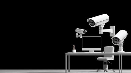 3D rendering of a surveillance setup, desk with monitor and chair, black background
